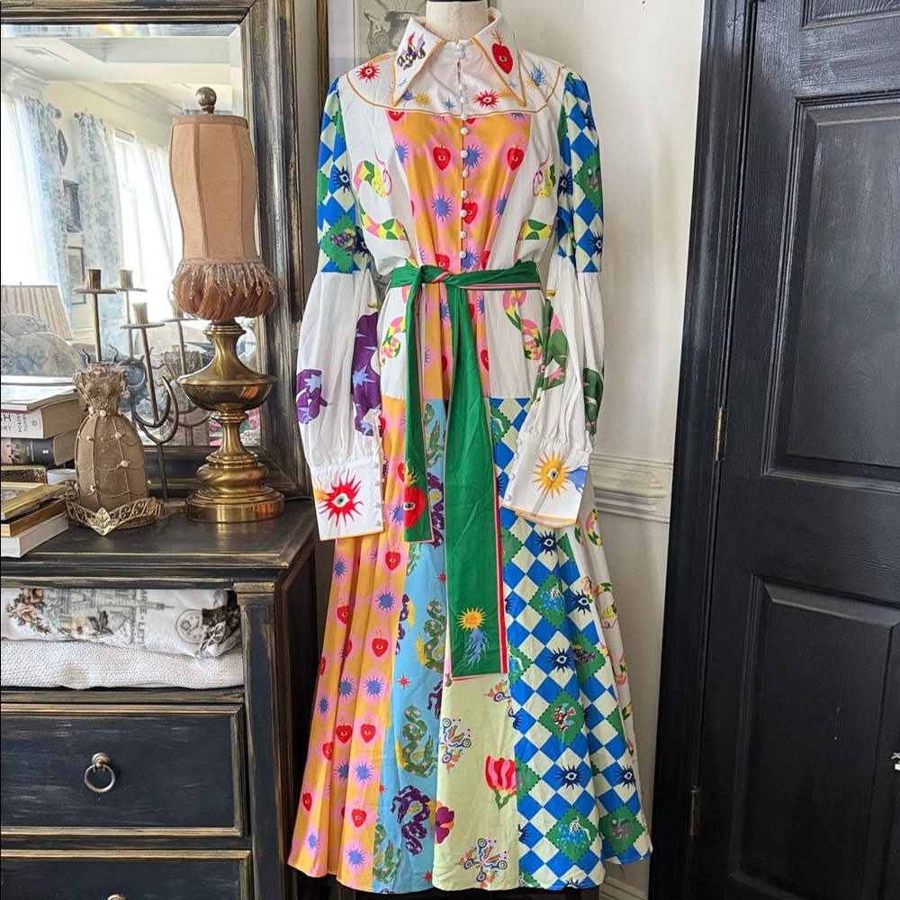 2 Bohemian Patchwork Maxi Dresses with Green Sash